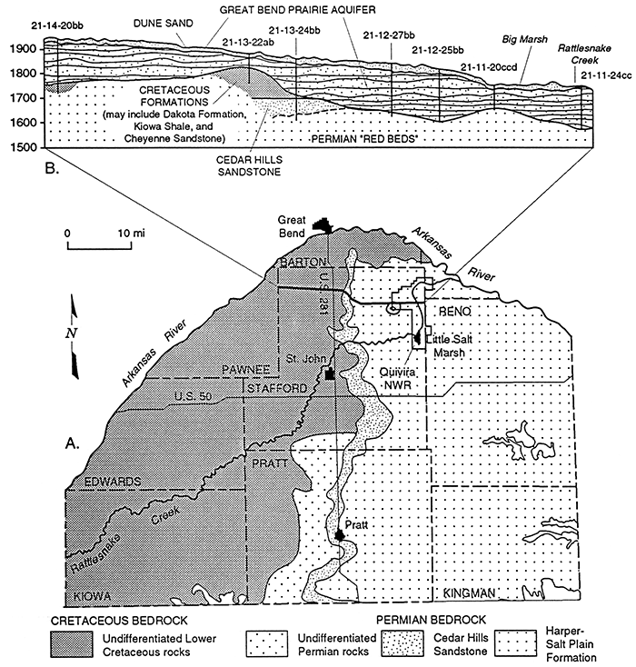 Map of bedrock geology underlying beneath the Great Bend Prairie aquifer and cross section.