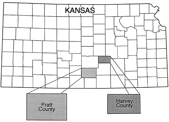 Location map of Harvey and Pratt Counties, Kansas.