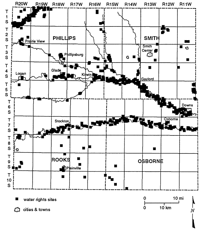 Location of granted surface- and ground-water rights for study area.