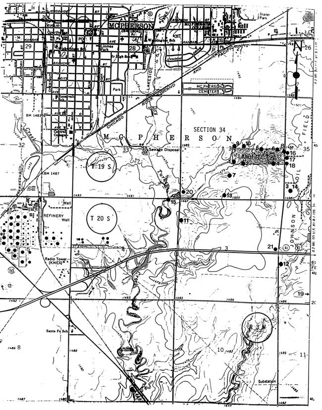 Most points around landfiill a mile southeast of McPherson; other points a mile or so south of the landfill.