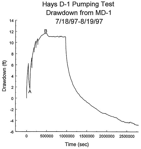 Plot of the time since pumping began versus drawdown for the D-1 pumping test.