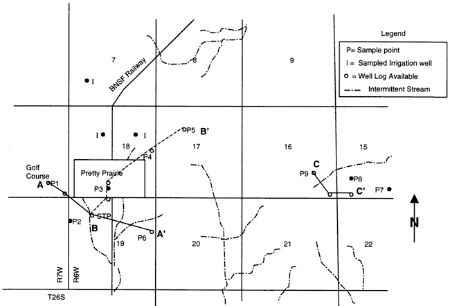 Two cross section intersect in town of Pretty Prairie, third is located two miles east.
