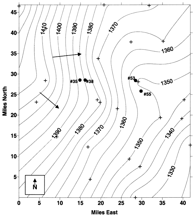 Elevation of water table at 1425 in NW corner, down to 1330 in SE.