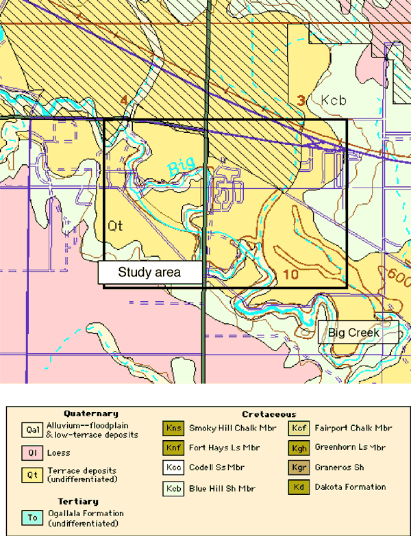 Geologic map of study area in Ellis County showing alluvium and terrace deposits surrounding Big Creek. 