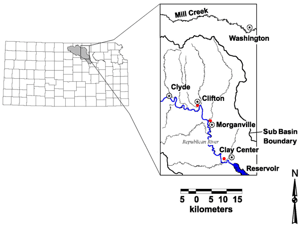 Index map showing three wells along Republican River in North-central Kansas.