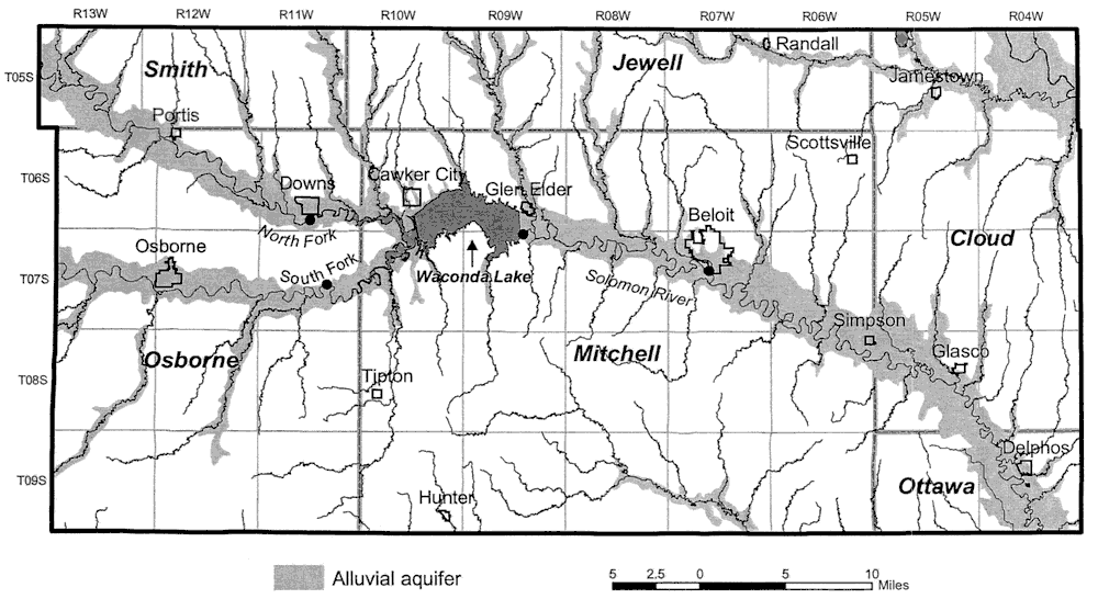 Map of parts of Osborne, Mitchell, Smith, Jewell, and Cloud counties; Solomon River crosses from West to East: Waconda Lake is upstream about 10 iles from Beloit.