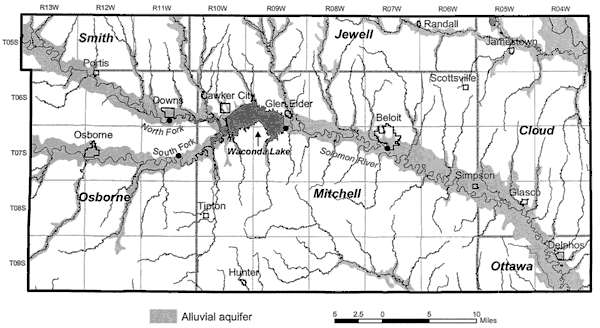Map of parts of Osborne, Mitchell, Smith, Jewell, and Cloud counties; Solomon River crosses from West to East: Waconda Lake is upstream about 10 iles from Beloit.