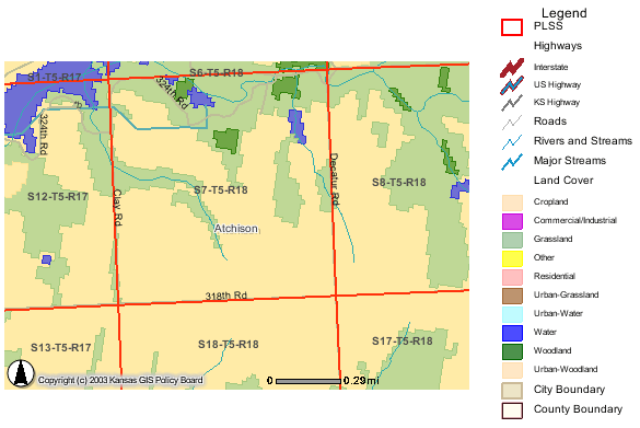 Map of part of Atchison County; primarily cropland, grasslands to north and around streams, some small woodlands within grassland.