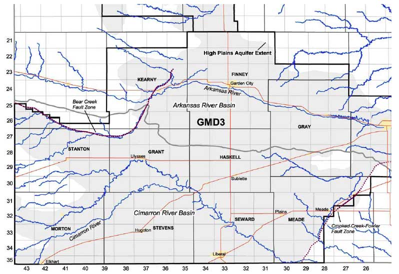 Cimarron River, south of Arkansas River, runs from Morton north to Grant, and exits Kansas in Meade