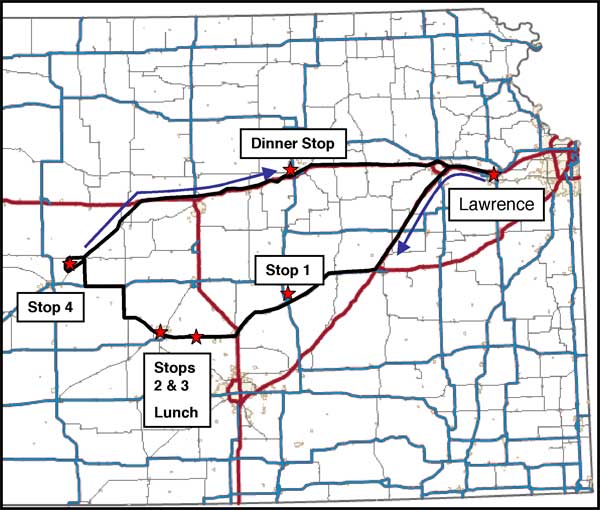 map of Eastern Kansas; route goes in a circle from Lawrence out to Great Bend and back to Lawrence