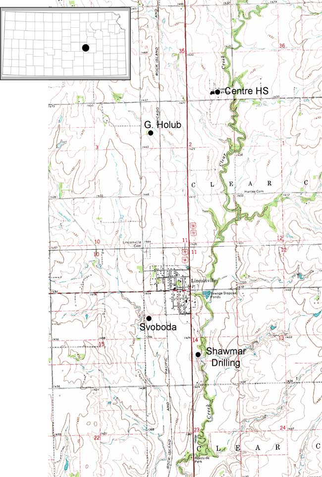 Lincolnville in central Kansas; two sampling points to north and two to south of city.