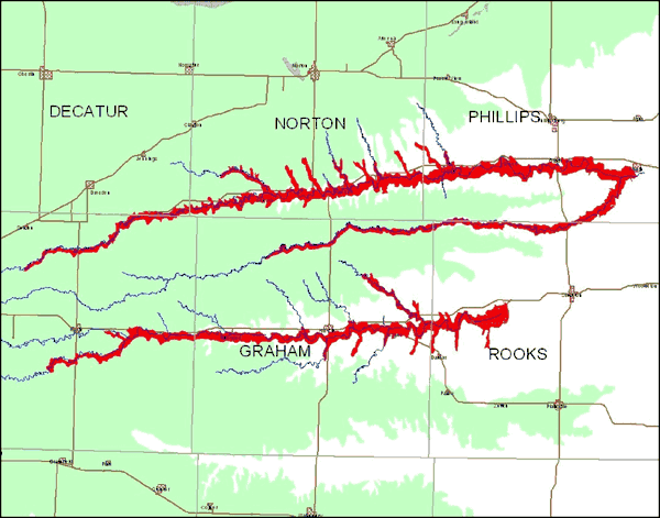 Study areas follow rivers in Rooks, Graham, Phillips, Norton and Decatur counties; aquifer cover west half of areas.