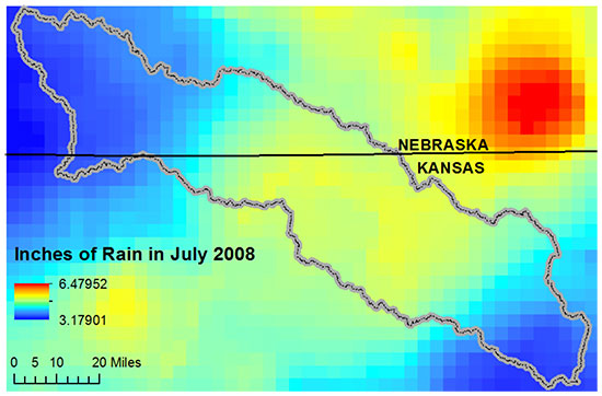 Precipitation data set for July 2008 demonstrating spatial variability within the model domain.
