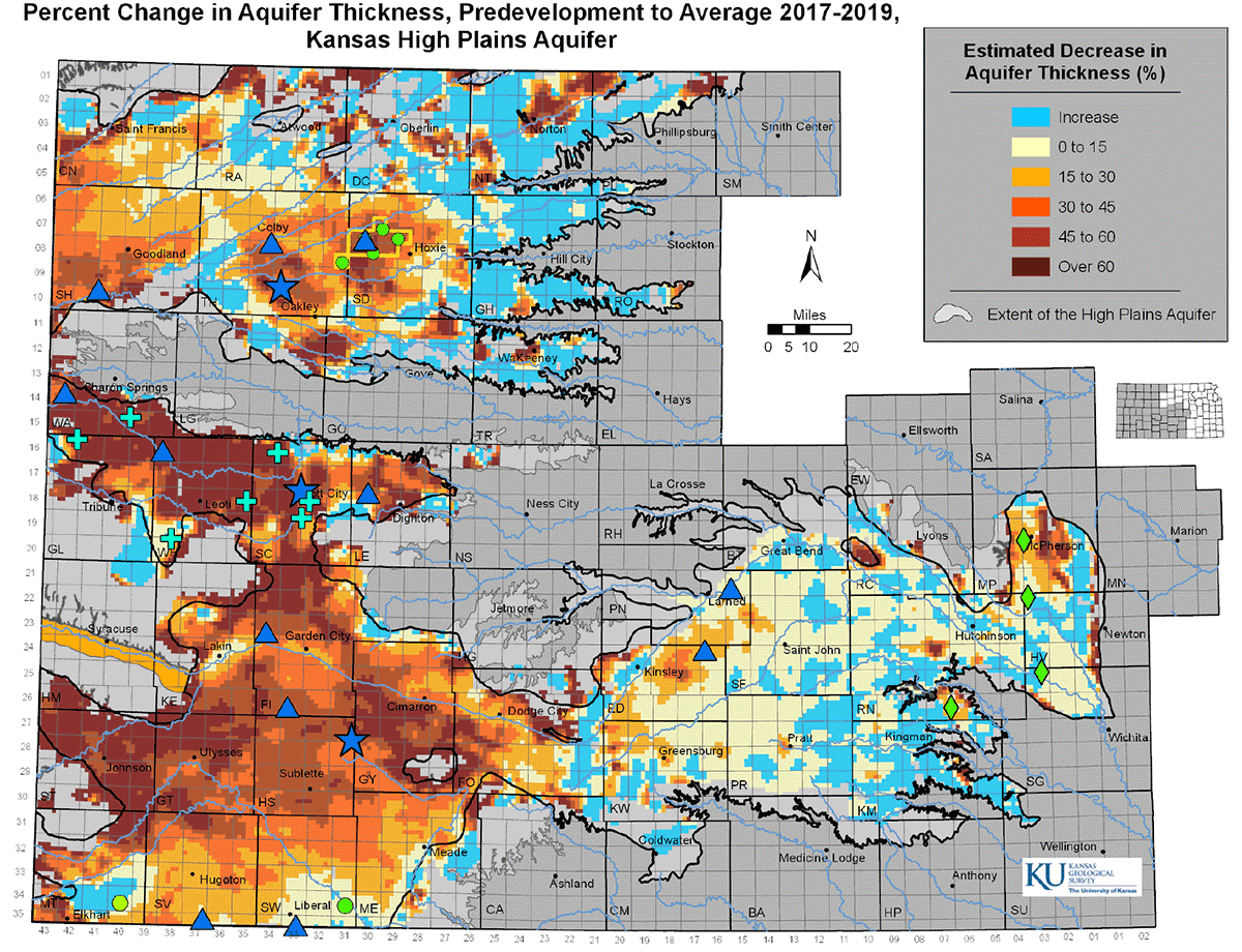 Perecent change in aquifer thickness, predevelipment to average 2017-2019, Kansas High Plains Aquifer.