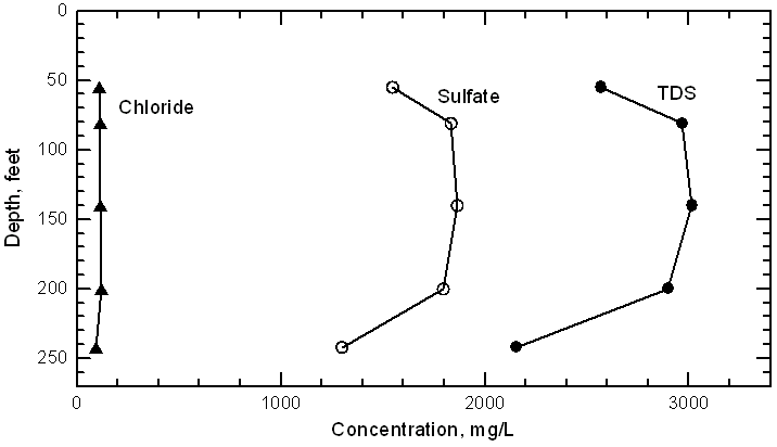 Chloride, sulfate, and total dissolved solids concentrations in waters pumped from the multi-level wells at the Garden City site in 1999.