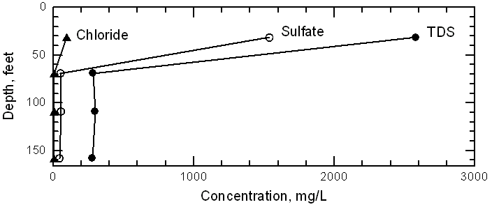 Chloride, sulfate, and total dissolved solids concentrations in waters pumped from the multi-level wells at the Deerfield site in 1999.