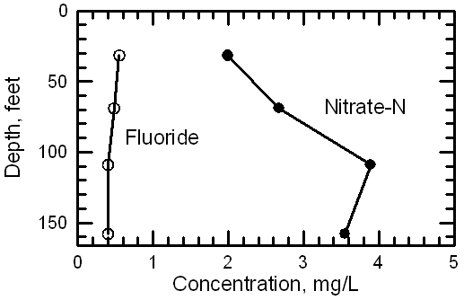Fluoride and nitrate-nitrogen concentrations in waters pumped from the multi-level wells at the Dodge City site in 1999.