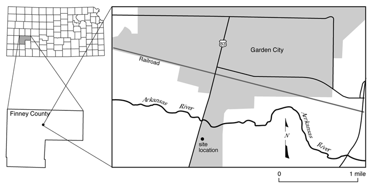 Map location of the observation well site west of Garden City, Finney County.