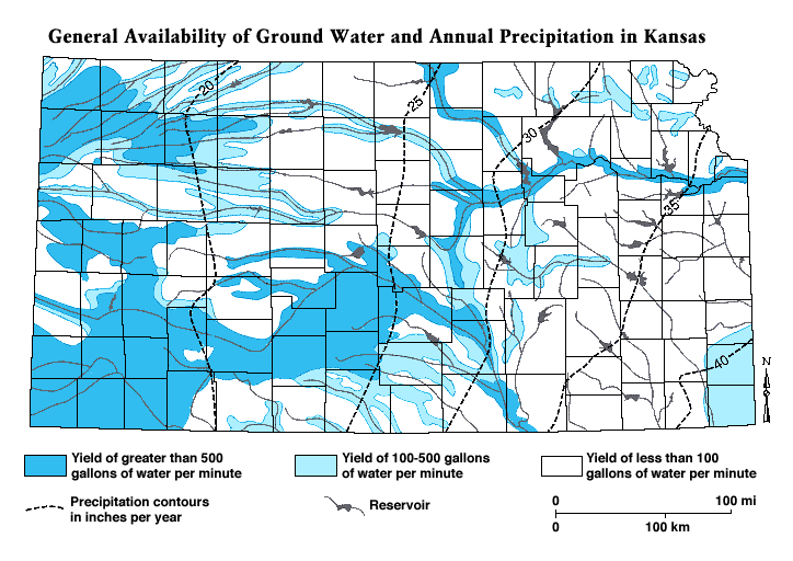 General availablilty of ground water and normal annual precipitation for Kansas