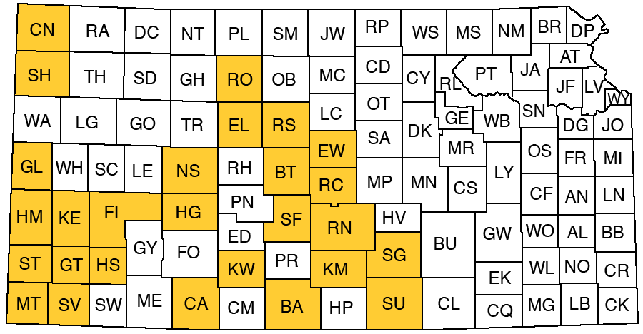 Map of Kansas showing counties where core data analyses are available.