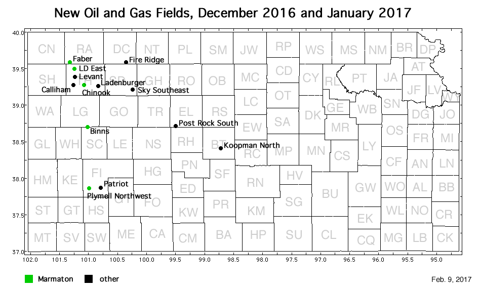 Map shows location of wells in new field discoveries, December 2016 and January 2017