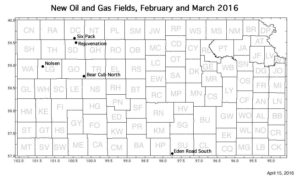 Map shows location of wells in new field discoveries, February and March 2016