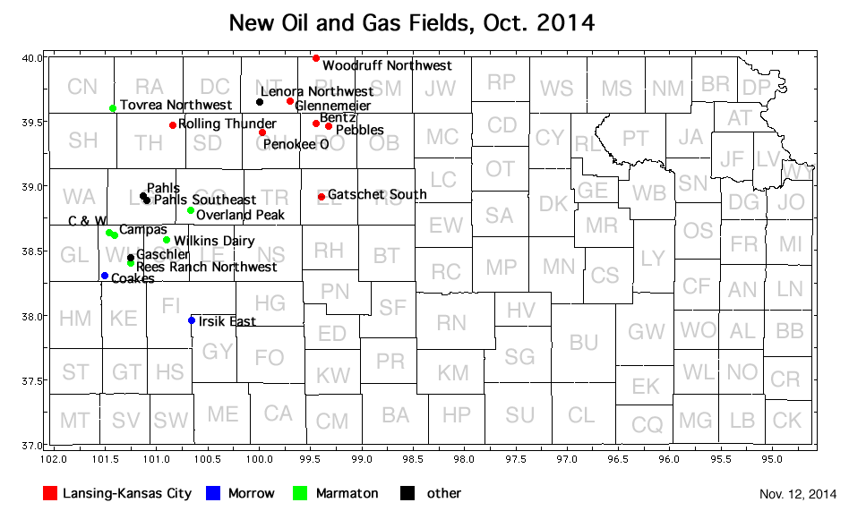 Map shows location of wells in new field discoveries, Oct. 2014