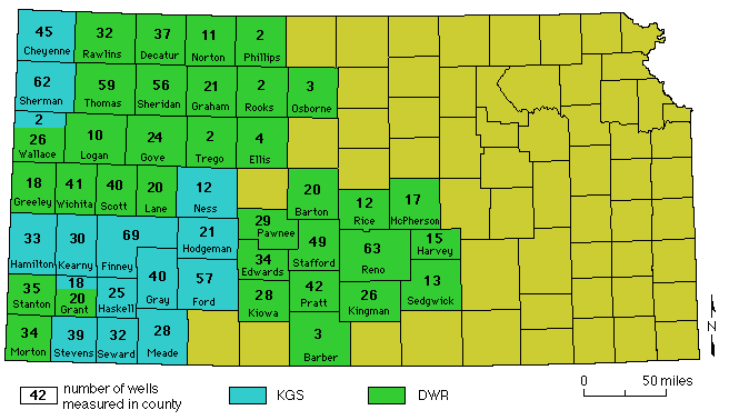 map of Kansas showing how many wells are measured in each county