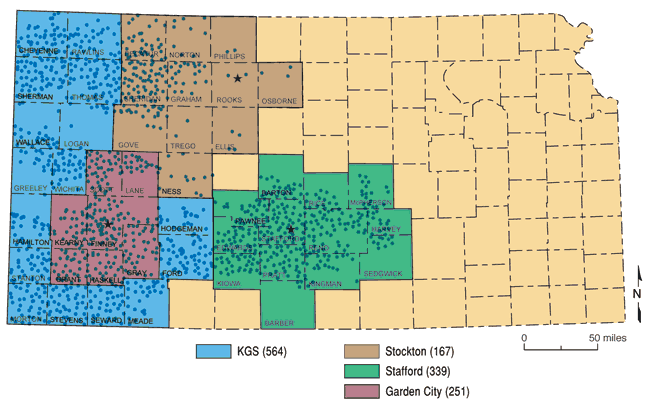 map of Kansas showing annually measured wells