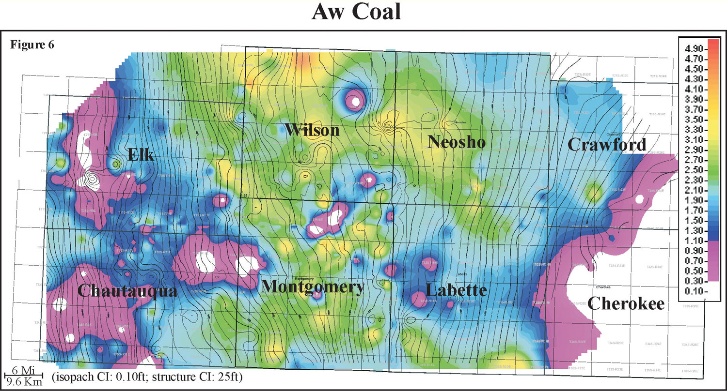 color isopach map of Aw coal overlain by Mississippian contours