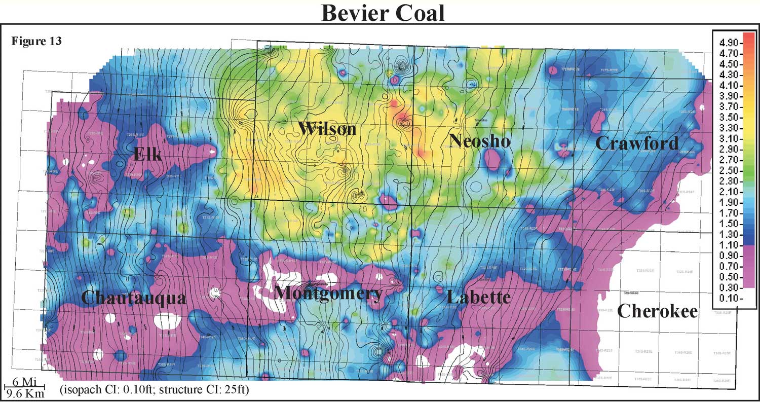 color isopach map of Bevier coal overlain by contours of bottom of Bevier