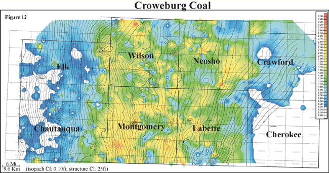 color isopach map of Croweburg coal overlain by contours of bottom of Croweburg
