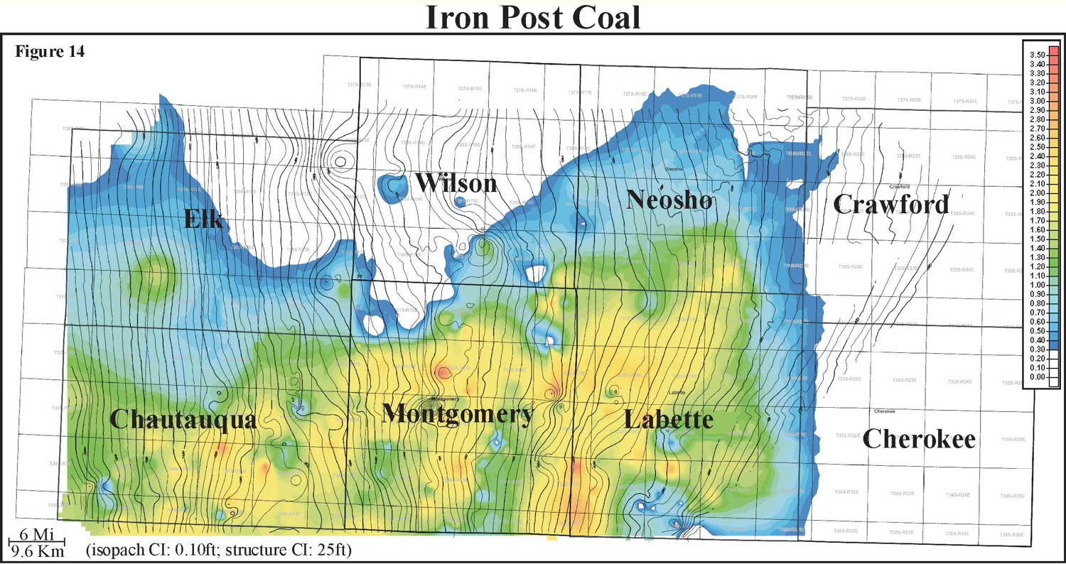 color isopach map of Iron Post coal overlain by contours of bottom of Iron Post