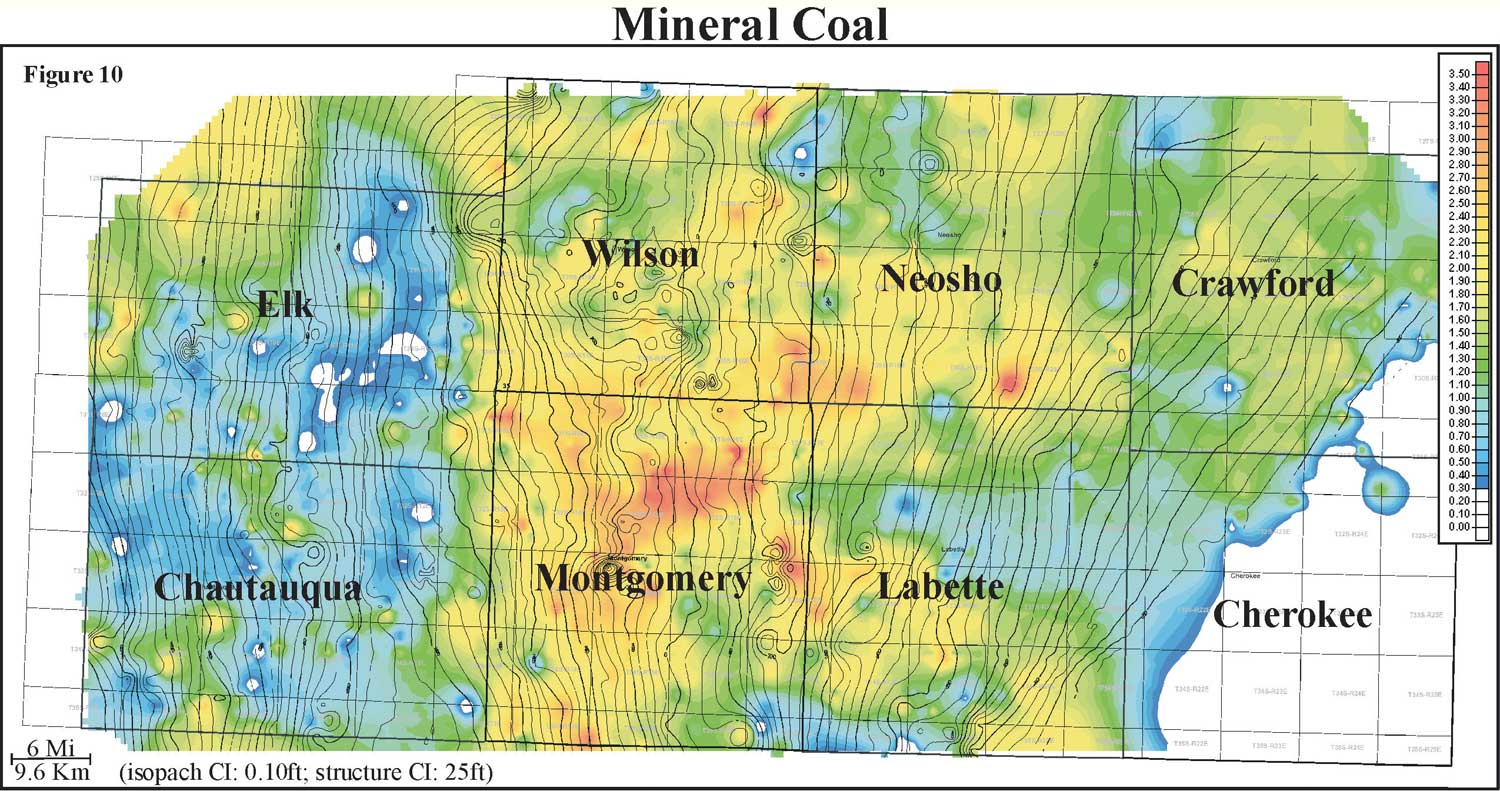 color isopach map of Mineral coal overlain by contours of bottom of Mineral