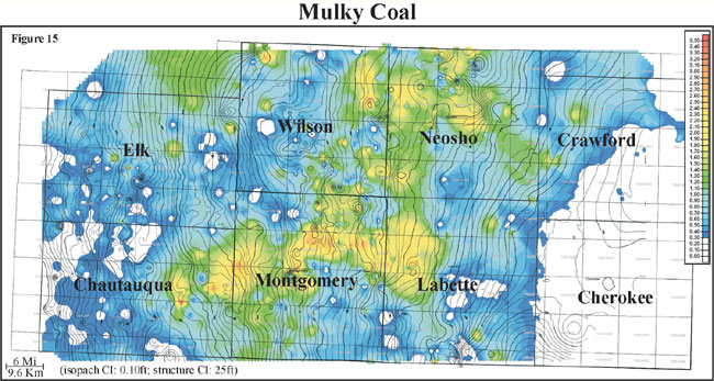 color isopach map of Mulky coal overlain by contours of bottom of Mulky