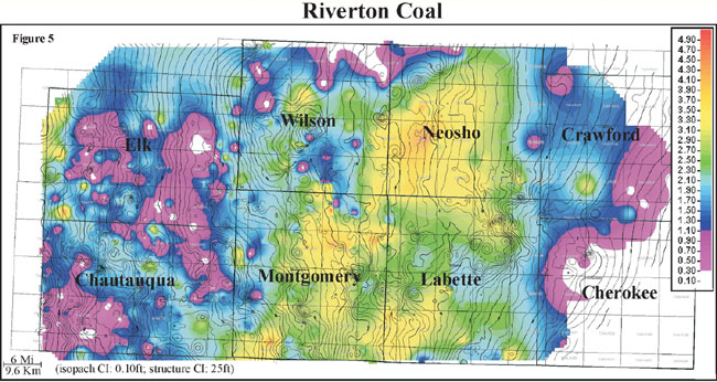 color isopach map of Riverton coal overlain by Mississippian contours
