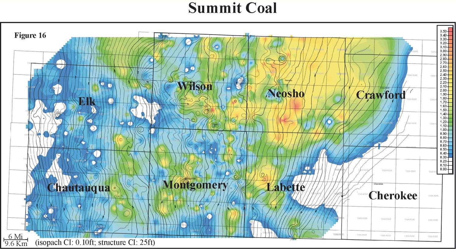 color isopach map of Summit coal overlain by contours of bottom of Summit