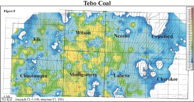 color isopach map of Tebo coal overlain by contours of bottom of Tebo