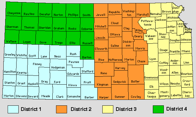 map showing counties assigned to KCC districts