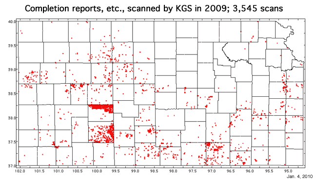 Map shows completion reports, etc., scanned in 2009; 3,414 wells in 2009