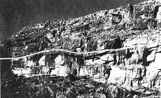 Black and white photo of outcrop in San Juan River Canyon, Utah.