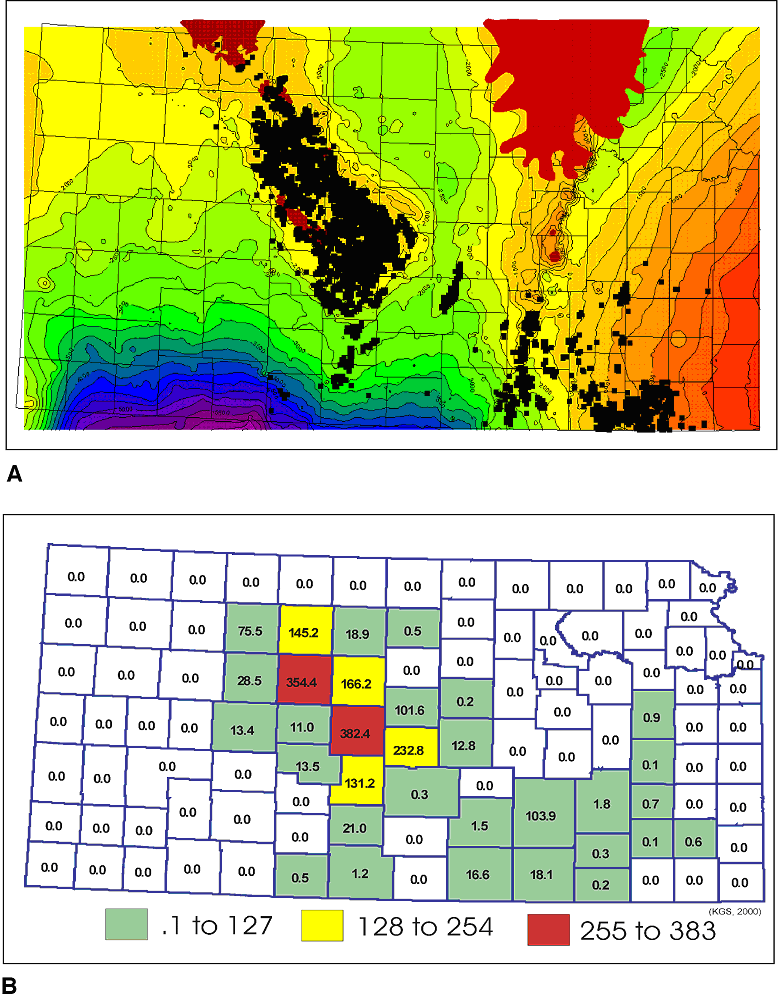 Two maps of Kansas; top shows Arbuckle deepest in SW, rises to north and SE, missing in NE; second shows production by county, greatest in Ellis and Barton