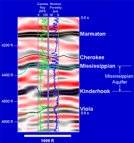 Example seismic section also shows sample Gamma Ray and Neutron Porosity logs.