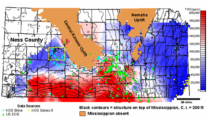 Total dissolved solids lower in east (less than 100,000 ppm) and NW, higher in south-central Kansas (as high as 200,000).