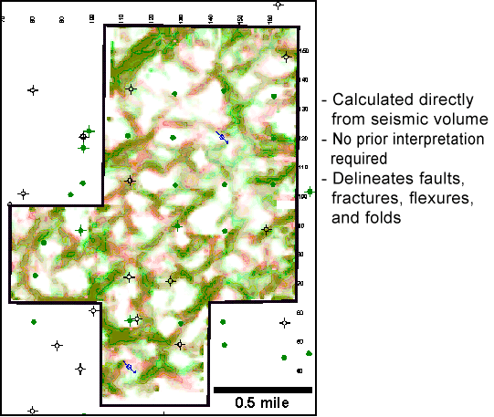 Interpreted seismic lineaments seem to persist from top to base of aquifer.