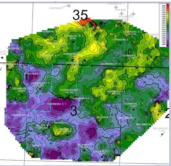 Structure interpreted from 3D seismic survey.