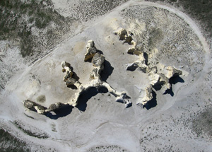 Photo from kite; view of chalk cliffs of Monument Rocks from directly above.