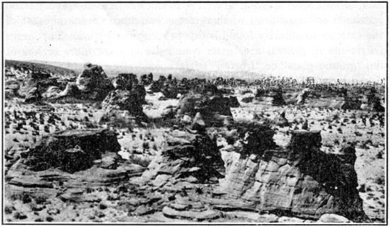 Black and white photo of sandstone hoodoos weathered from Rocktown channel sandstone member of Dakota sandstone.