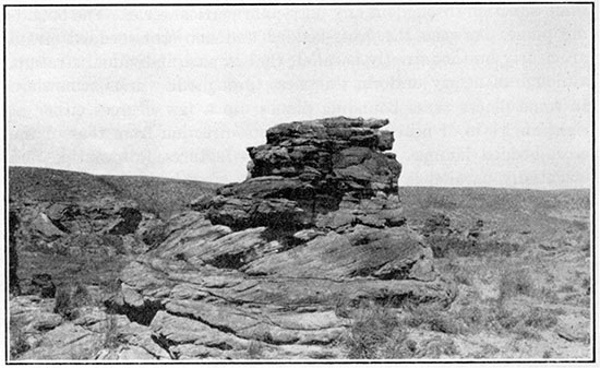 Black and white photo of a sandstone hoodoo, Rocktown channel sandstone member of Dakota sandstone.