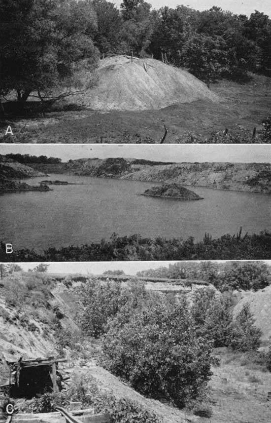 Three black and white photos of strip mine operations; top is of tailing pile surrounded by trees; middle photo is of small lake, eroded banks, small island in center; mine portal framed by old timbers, old rail tracks leading to opening.